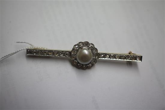 An early 20th century French 18ct gold, natural pearl and rose cut diamond cluster set bar brooch, 68mm.